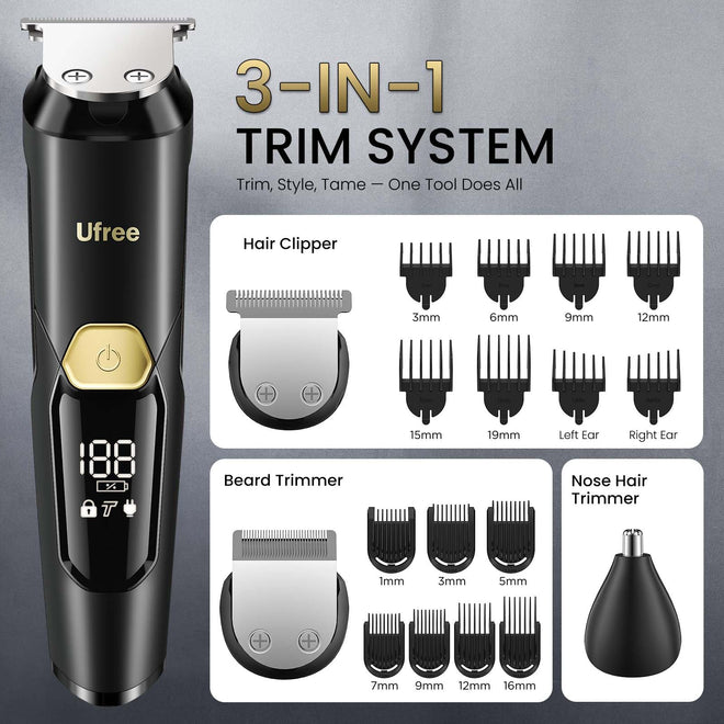 Ufree 3-in-1 Beard Trimmer for Men, Waterproof Electric Razor Shaver for Facial Hair, Rechargeable Hair Trimmer Clippers Grooming Kit, Gifts for Husband Father 🍁 All In One Marketplace Canada