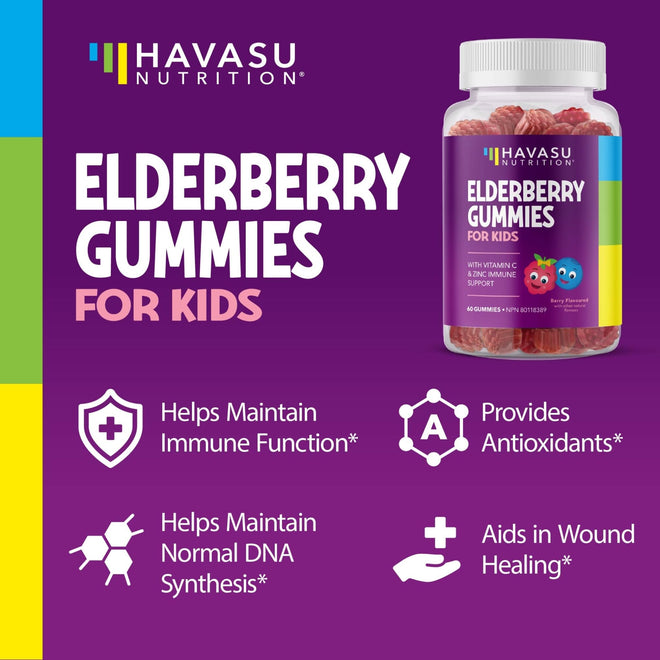 Elderberry Gummies Kids for Cold and Flu Relief | Immune Booster for Kids | Sambucol Black Elderberry Syrup Gummy with Zinc and Vitamin C | Cough, Fever & Sore Throat Support with Antioxidants | 60ct 🍁 All In One Marketplace Canada
