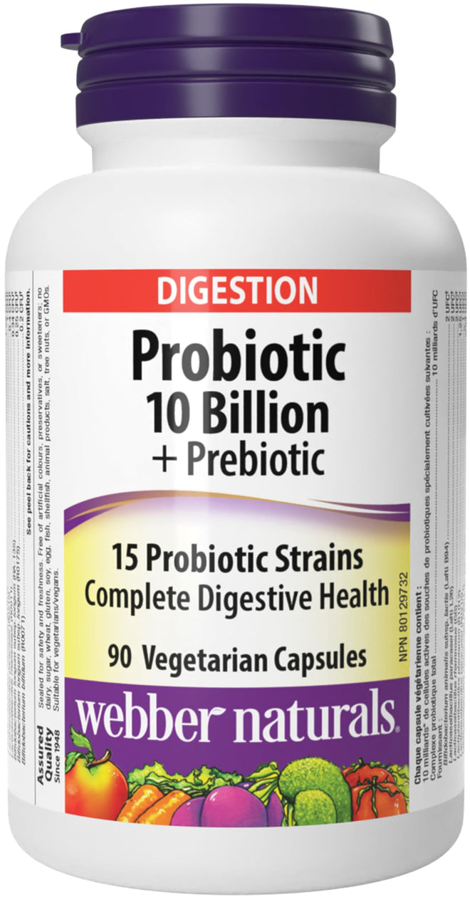 Webber Naturals Probiotic with Prebiotic, 10 Billion Active Cells, 15 Probiotic Strains, 90 Capsules, For Digestive Health, Vegan 🍁 All In One Marketplace Canada