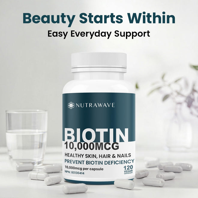 Nutrawave Extra Strength Biotin 10000mcg – Biotin for Hair Growth, Lush Hair, Glowing Skin & Strong Nails, Ideal for Women & Men, Non-GMO, Vegan, Gluten-Free. 120 Capsules 🍁 All In One Marketplace Canada