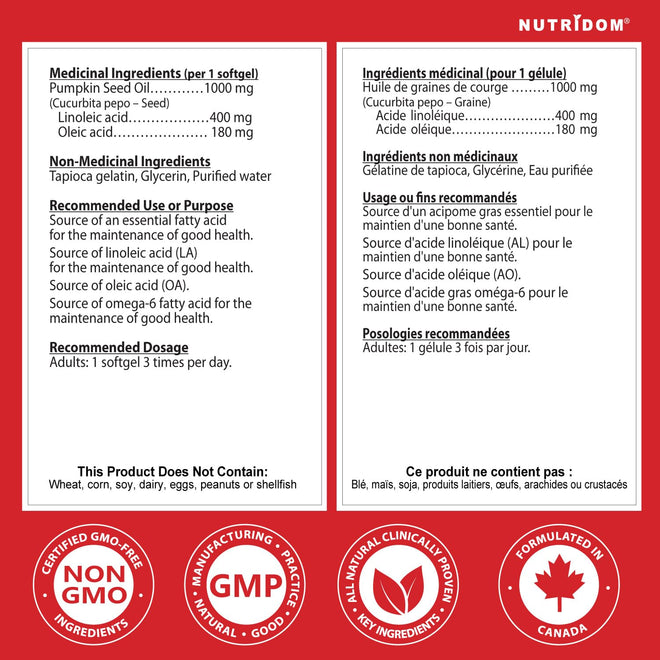 Nutridom Pumpkin Seed Oil Capsules 1000 mg, 90 Veggie Softgels, Cold-Pressed, Essential Fatty Acids, Linoleic & Oleic Acid, Vegan, Non-GMO, Gluten Free, Soy Free, Made in Canada 🍁 All In One Marketplace Canada