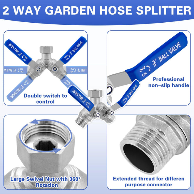 Garden Hose Splitter 2 Way, 304 Stainless Steel Heavy Duty Water Hose Splitter with Long Handle, 3/4" GHT Thread Y Valve Water Garden Hose Tap Adapter, Full Flow Water Splitter Connector 🍁 All In One Marketplace Canada