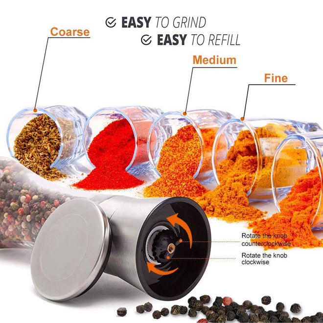 Pepper Grinder or Salt Grinder, Best Spice Mill with Ceramic Blades, Adjustable Coarseness, Brushed Stainless Steel Cap, and Refillable Tall Glass Body with 6OZ Capacity (7.5") 🍁 All In One Marketplace Canada