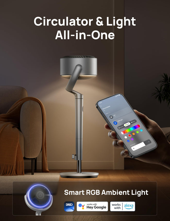 DREO Smart Fans for Bedroom, 120° +120° Omni-Directional Oscillating Fan, 90ft Quiet Pedestal Fan with RGB Light, 9 Speeds, 6 Modes, 20dB, 8H Timer, Wi-Fi/Voice, 37-42" Floor Fans with Remote, Silver 🍁 All In One Marketplace Canada