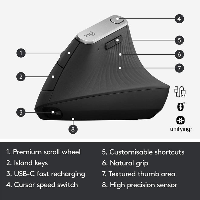 Logitech MX Vertical Wireless Mouse – Ergonomic Design Reduces Muscle Strain, Move Content Between 3 Windows and Apple Computers, Rechargeable, Graphite 🍁 All In One Marketplace Canada