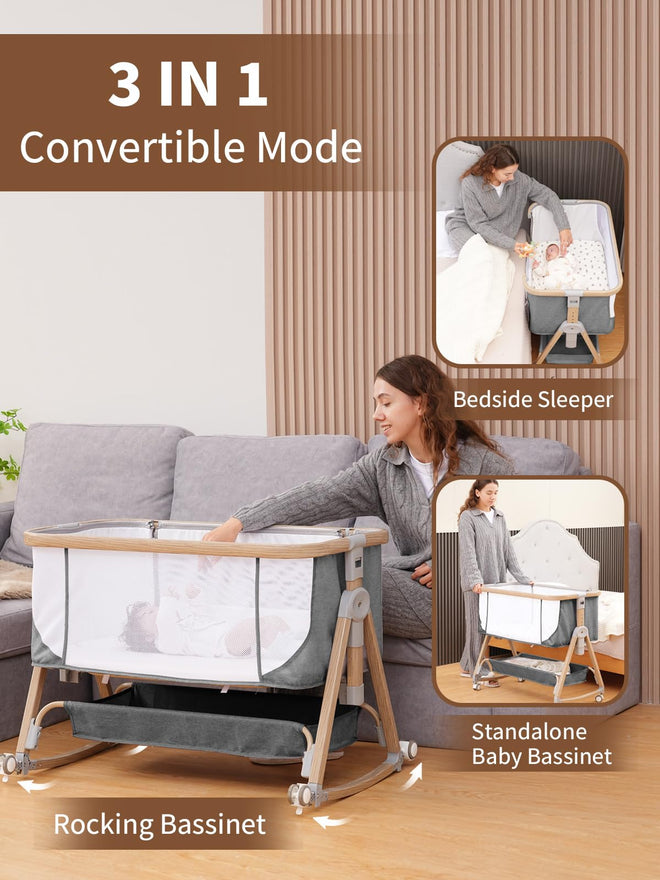 Baby Bassinet Bedside Sleeper - 3 in 1 Bassinets with Waterproof Sheets, Soft Mattress and Breathable Mesh, Adjustable Height Bedside Bassinet for Baby with Wheels, Storage Basket, Gray 🍁 All In One Marketplace Canada