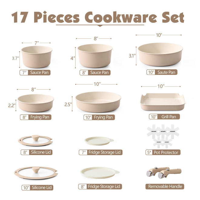 SENSARTE 17 Piece Ceramic Pots and Pans Set, Nonstick Detachable Handle Cookware, Induction Kitchen Cookware Set with Removable Handle, Dishwasher ＆ Oven Safe (Almond Beige) 🍁 All In One Marketplace Canada