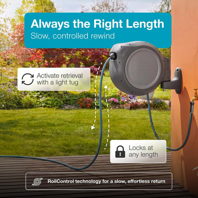 GARDENA 20502-80, Retractable Garden Hose Reel 75' x 1/2" Hose, Wall Mounted, Automatic Retraction & Length Lock for Easy Watering. Heavy Duty Swivel Bracket 180°, Includes Nozzle. Made in Europe 🍁 All In One Marketplace Canada