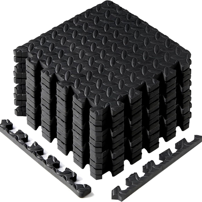 Yes4All EVA Interlocking Mats, Puzzle Floor Tiles, Foam Floor Padding with Border for Furniture, Home Space, Living Room, Garage - Black, 1.02 m2 🍁 All In One Marketplace Canada