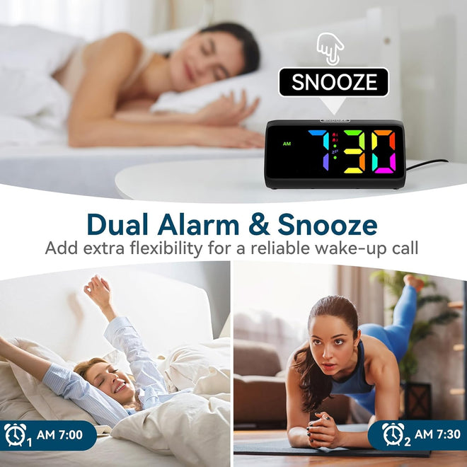 Netzu Digital Alarm Clock, RGB Loud Alarm Clocks for Bedrooms Heavy Sleepers Seniors Kids, Plug in Digital Clock with 5 Dimmers, 2 Alarms, 4 Volumes and Snooze (Black) 🍁 All In One Marketplace Canada