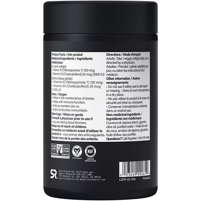 Sports Research® Vitamin D3 + K2 w/Coconut MCT Oil - Vegan Vitamin D 1000iu (25mcg) & Mk-7 Vitamin K 120mcg - Vegan Certified · Non-GMO · Soy Free - 90 Softgels 🍁 All In One Marketplace Canada