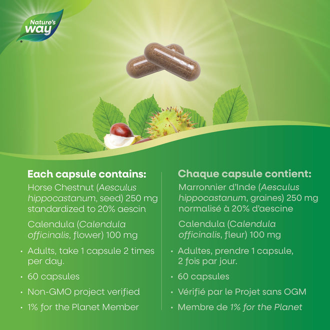 Nature's Way Horse Chestnut Supplement – Helps Treat Varicose Veins and Associated Symptoms – Digestive System Inflammation Relief – 100mg Calendula, 250mg Horse Chestnut – 90 Vegetarian Capsules 🍁 All In One Marketplace Canada