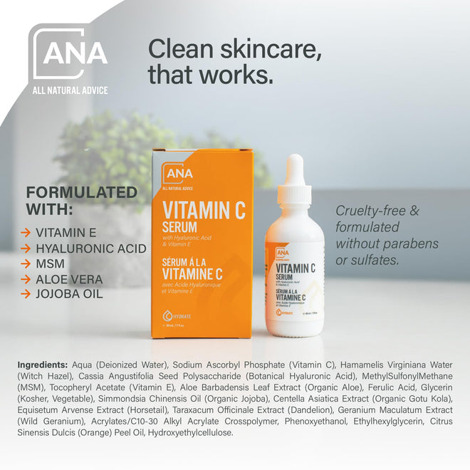 All Natural Advice Vitamin C Serum 60mL | 20% Vitamin C Face Serum Solution with Organic Botanicals, Hyaluronic Acid & Vitamin E | UV-Shielding Glass Bottle, Spray & Dropper | Canadian Skin Care 🍁 All In One Marketplace Canada