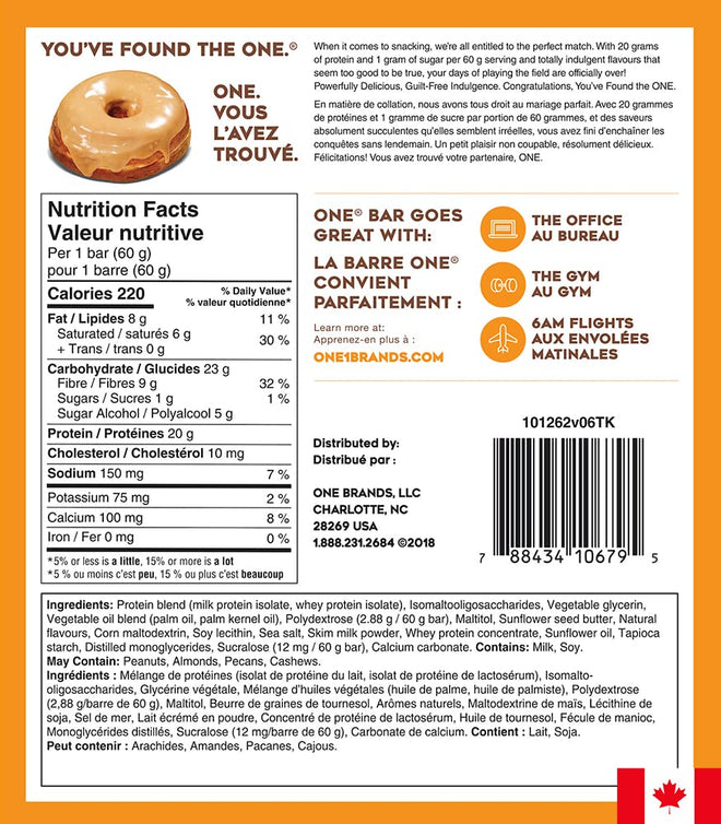 ONE Protein Bars, Maple Glazed Doughnut, Gluten Free Protein Bars with 20g Protein and only 1g Sugar, Snacking for High Protein Diets, 60g (12 Pack) [Packaging May Vary] 🍁 All In One Marketplace Canada