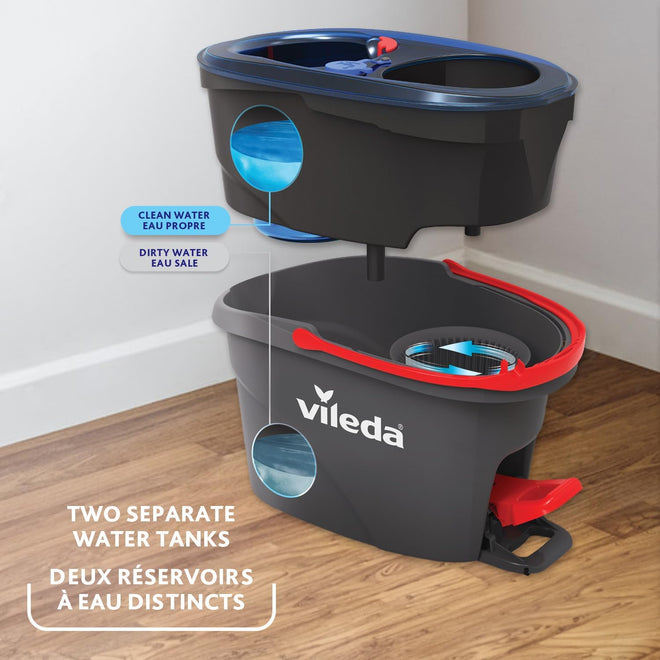 Vileda EasyWring RinseClean Spin Mop & Bucket System with 1 Extra Refill | 2-Tanks Separate Clean and Dirty Water | Machine Washable and Reusable Microfiber Mop Head | Hands-Free Wringing Mop Bucket 🍁 All In One Marketplace Canada