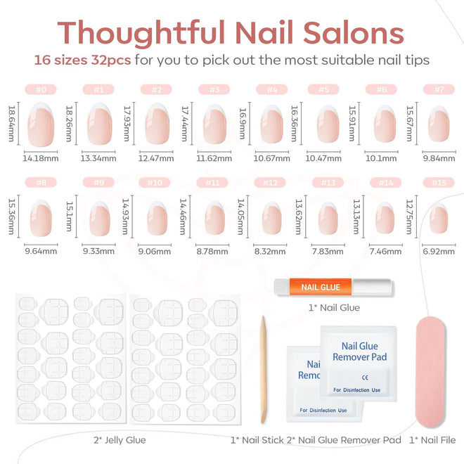 Modelones French Tip Press On Nails, Short Oval Fake Nails Press Ons with Nail Glue, Adhesive Tabs, Nail File, Prep Pad, Manicure Stick, 32Pcs 16 Sizes, Nude, Valentines 🍁 All In One Marketplace Canada