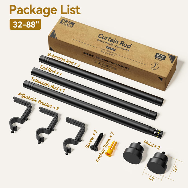 YaFex Curtain Rod 32-84 Inch, Heavy Duty 1 Inch Adjustable Curtain Pole, Black Long Curtains Rods for Window, Modern Design, Easy Installation 🍁 All In One Marketplace Canada