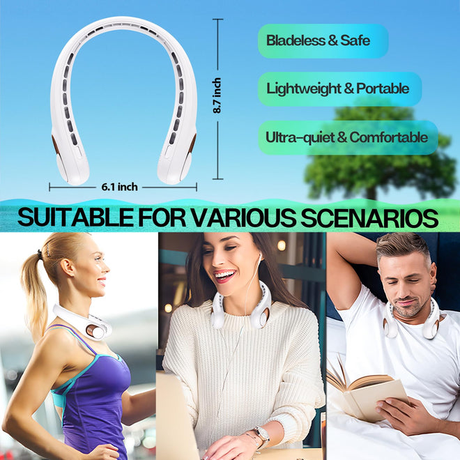 Neck Fan Rechargeable with LED Display & 360° Cooling Airflow, Portable Fan Bladeless Cooler, 4000mAh Battery, 3 Speed Settings, Ultra-Quiet Personal Fans for Home, Office, Travel, Sports - White 🍁 All In One Marketplace Canada