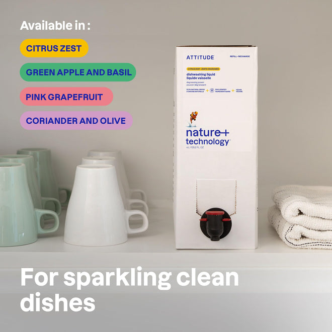 ATTITUDE Dish Soap Refill, EWG Verified, Plant-Based & Vegan Dishwashing Liquid, Naturally Derived, Made in Canada, Green Apple and Basil Scent, 4 Liters 🍁 All In One Marketplace Canada