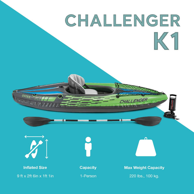 INTEX 68305EP Challenger K1 Inflatable Kayak Set: Includes Deluxe 86in Aluminum Oar and High-Output Pump – Adjustable Seat with Backrest – Removable Skeg – 1-Person – 220lb Weight Capacity 🍁 All In One Marketplace Canada