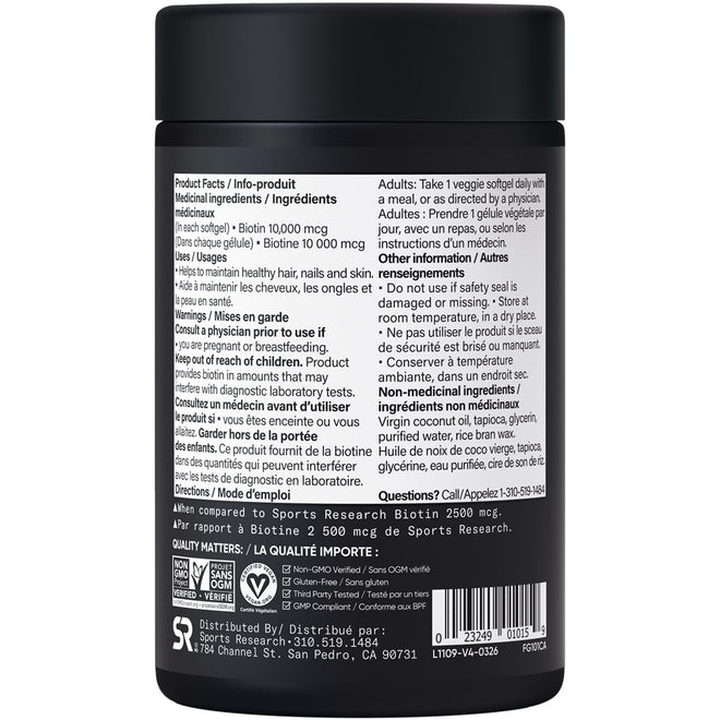 Sports Research® Max Strength Vegan Biotin 10,000mcg with Organic Coconut Oil - Helps to Maintain Healthy Hair, Nails and Skin - Great for Women & Men - 120 Veggie Softgels 🍁 All In One Marketplace Canada