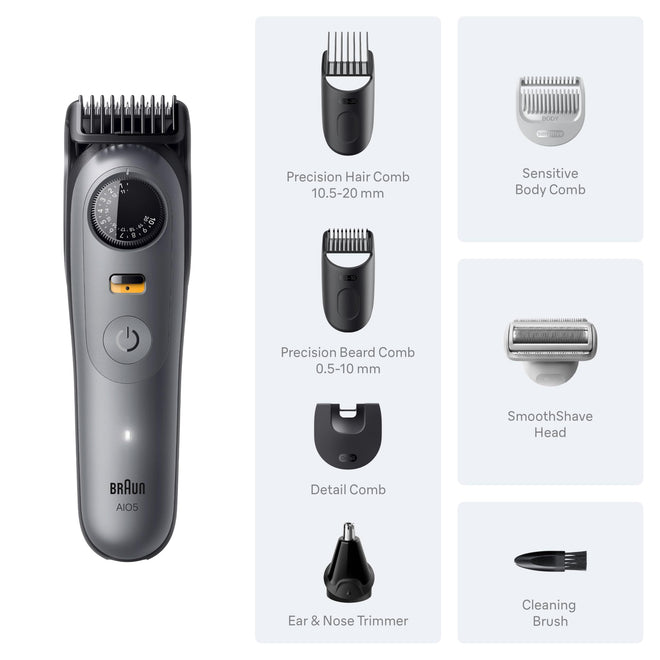 Braun All-in-One Series 5 Trimmer Kit, 40 Lengths, Ultra Sharp Blade, AIO 5510, Moonstone Grey 🍁 All In One Marketplace Canada