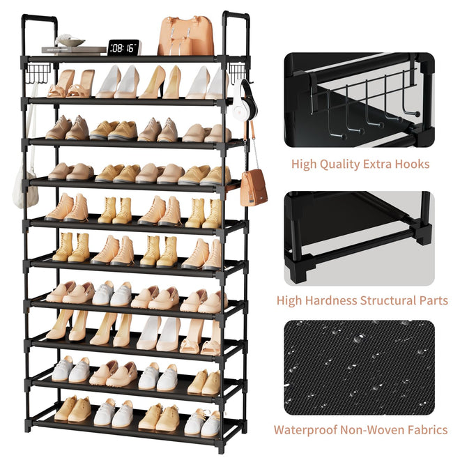 10 Tier Shoe Rack, Large Capacity Tall Shoe Storage Organizer Holds 50-55 Pairs Shoes and Boots, Vertical Shoe Shelf Cabinet with Versatile Hooks for Closet Entryway Garage Bedroom 🍁 All In One Marketplace Canada