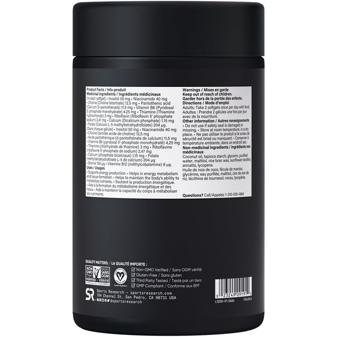 Sports Research® Vitamin B-Complex - Full Spectrum of B Vitamins with Methylated B12 & Folate - Gluten Free · Plant-Based · Non-GMO · Vegan-Friendly Formula - 120 Veggie Softgels 🍁 All In One Marketplace Canada