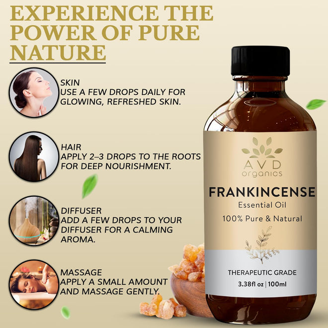 AVD Organics Frankincense Essential Oil 100ml | 100% Pure & Natural Frankincense Oil for Face, Hair | Woody & Earthy Aroma for Diffusers, Soaps & Candles | 3.38 fl. oz 🍁 All In One Marketplace Canada