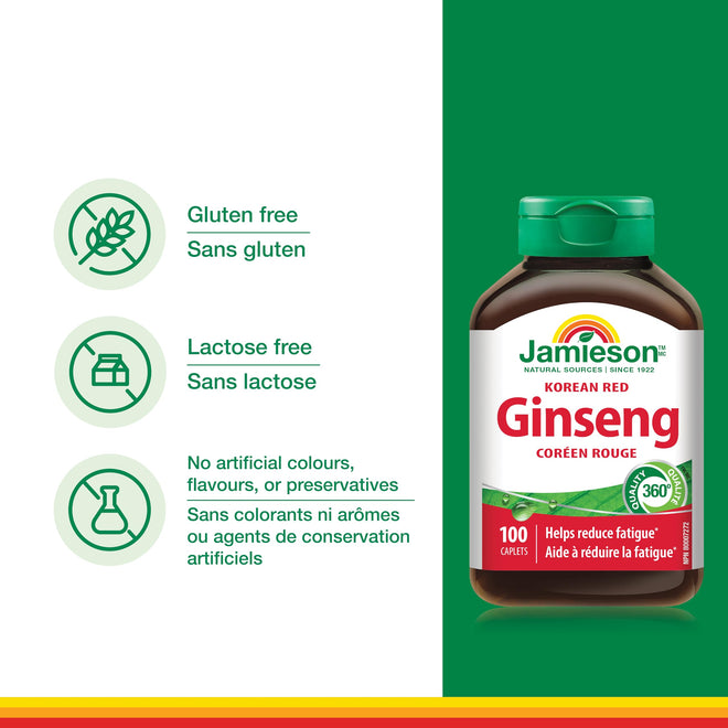 Jamieson Korean Red Ginseng, Panax Ginseng, 100 Caplets, Stress Support, Reduces Fatigue, Boosts Cognitive Health, Helps Enhance Physical Performance. Non-GMO, Proudly Canadian 🍁 All In One Marketplace Canada