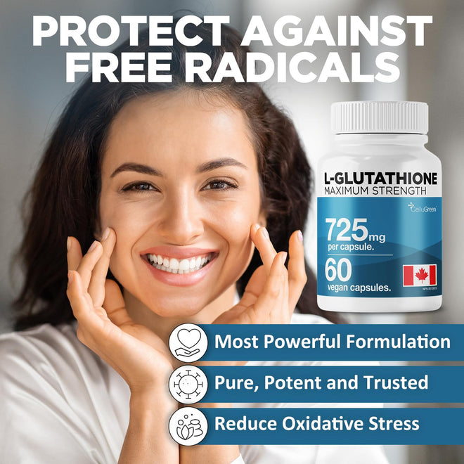 CelluGreen 725mg L-Glutathione MOST POWERFUL AVAILABLE Antioxidant Support for Cellular Health, Liver Detox, Skin & Immune Health, Vegan, Made in Canada. 60 Capsules 🍁 All In One Marketplace Canada