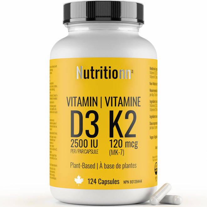 Vitamin D3 K2 Supplement - 2500 IU D3, 120 mcg K2 MK7 x 124 Capsules - Plant-Based, Vegan - Prevents Deficiency, Supports Bone Health in Women and Men - Made in Canada, Third-Party Tested - Nutritionn 🍁 All In One Marketplace Canada