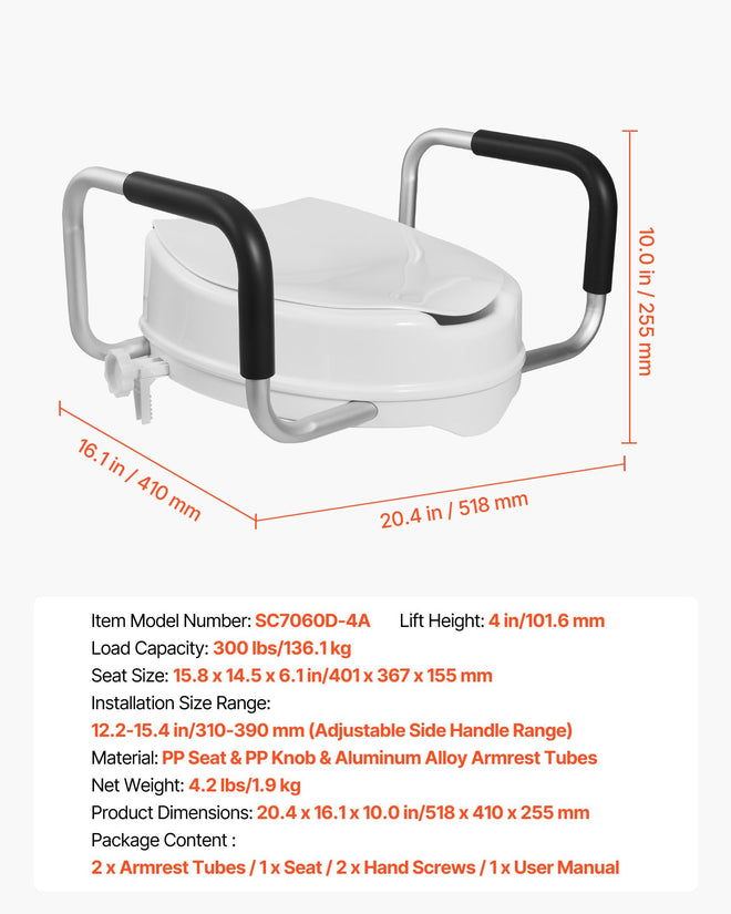 VEVOR Raised Toilet Seat with Arms, 300 lbs Load Capacity, 4-Inch Lift Height, Widened Commode Elevated Toilet Seat Riser with Padded Handles for Seniors, Elderly, Handicap, Disabled, and Adults Use 🍁 All In One Marketplace Canada