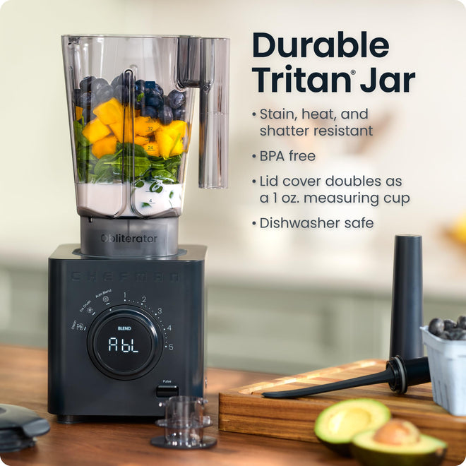 Chefman Obliterator 48 oz Countertop Blender for Smoothies, 1380W Motor to Crush Ice, Nuts, and Frozen Fruit with Stainless Steel Blade, Auto Blend Function, Includes 20 oz Travel Jar - Midnight 🍁 All In One Marketplace Canada