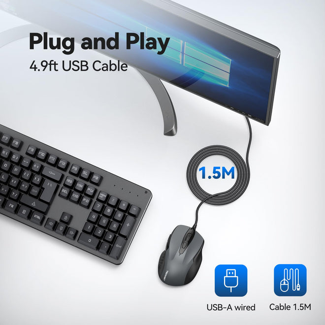TECKNET USB Wired Mouse, 6-Button Corded Computer Mouse with 4 Adjustable DPI, Optical Computer Mice with Ergonomic Design and 5FT Cord for Laptop, Chromebook, PC, Desktop, Mac, Notebook-Gray 🍁 All In One Marketplace Canada