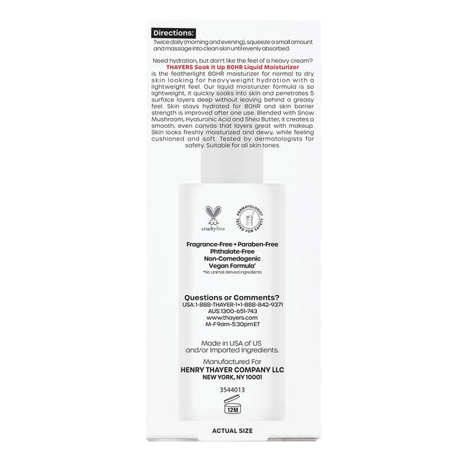 THAYERS Soak It Up 80HR Liquid Moisturizer, with HYALURONIC ACID and Snow Mushroom, Dermatologist Tested Skin Care for Normal to Dry Skin, Lightweight Formula, 75 ml 🍁 All In One Marketplace Canada