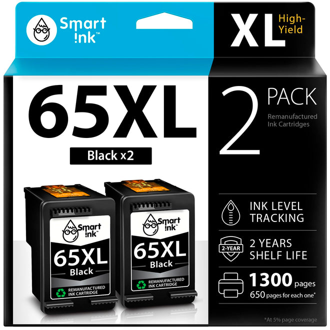 Smart Ink Remanufactured Ink Cartridges Replacement for HP 65 XL HP 65XL (2 Black Combo Pack) to use with DeskJet 3755 2600 2625 2652 2655 3700 3720 3752 3772 Envy 5000 5010 5052 5055 Printer Series 🍁 All In One Marketplace Canada