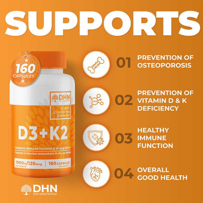VITAMIN D3 K2 (MK-7) VEGAN | HIGH POTENCY•VALUE SIZE | Supports Prevention of Osteoporosis & Heart Calcification | Immune, Bone & Heart Health Supplement | Canadian Made Vitamin D3 Vitamin K2 🍁 All In One Marketplace Canada