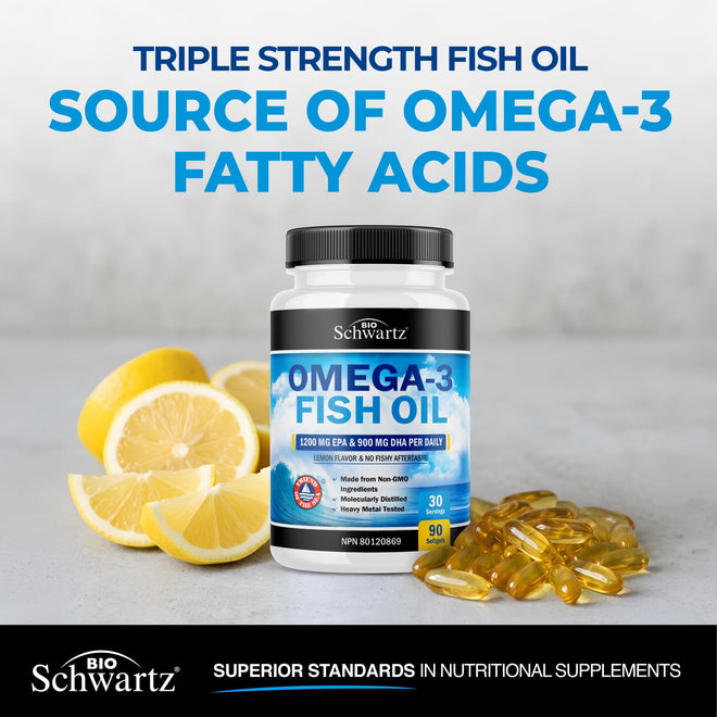 Fish Oil Omega 3 EPA & DHA 2250 mg | Burpless Lemon Flavor Triple Strength Supplement with Fatty Acids from Wild Icelandic Fish | Supports Joint, Eyes, Brain & Skin Health | Non GMO | 90 Softgels 🍁 All In One Marketplace Canada