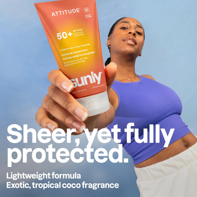 ATTITUDE Mineral Sunscreen SPF 50, Broad Spectrum Zinc Oxide, EWG Verified, Mineral-Based, Non-Nano, Lightweight Cream, Vegan, Tropical Coco Scent, 80 grams 🍁 All In One Marketplace Canada