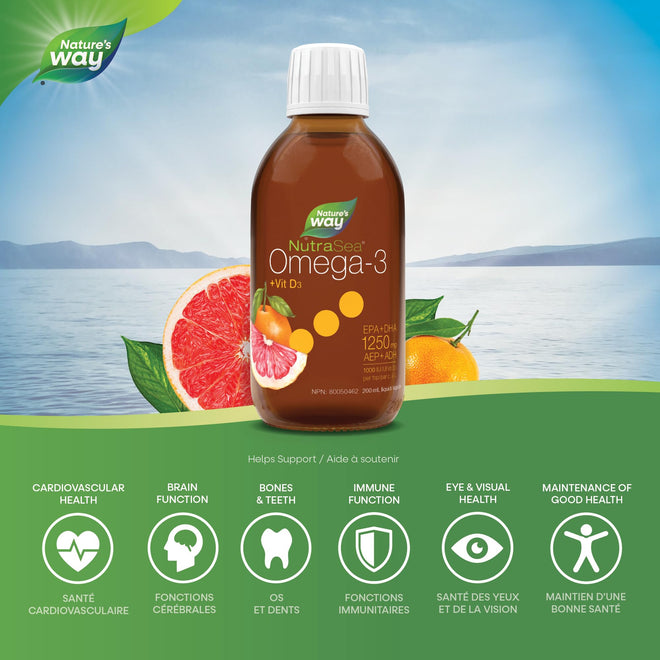 Nature's Way NutraSea Omega 3 + Vitamin D Fish Oil Liquid Supplement – Grapefruit Tangerine Flavour – 1250mg EPA & DHA + 1000IU D3, 200 mL 🍁 All In One Marketplace Canada