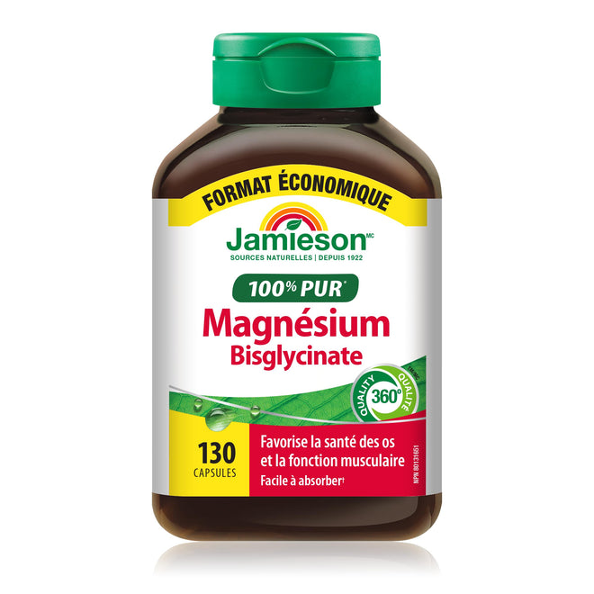 Jamieson 100% Pure Magnesium Bis-glycinate 100 mg Capsules, Not Blended, Magnesium Oxide Free, Supports Bone Development and Muscle Function, Chelated, Source of Electrolytes, Easy to Absorb, Vegetarian, Non-GMO, Gluten-Free, Value Size, 130 Count