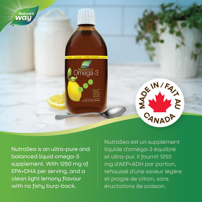 Nature's Way NutraSea Omega 3 Fish Oil Liquid Supplement – Zesty Lemon Flavour, Non-GMO – Heart & Brain Support – EPA & DHA, 500 mL 🍁 All In One Marketplace Canada