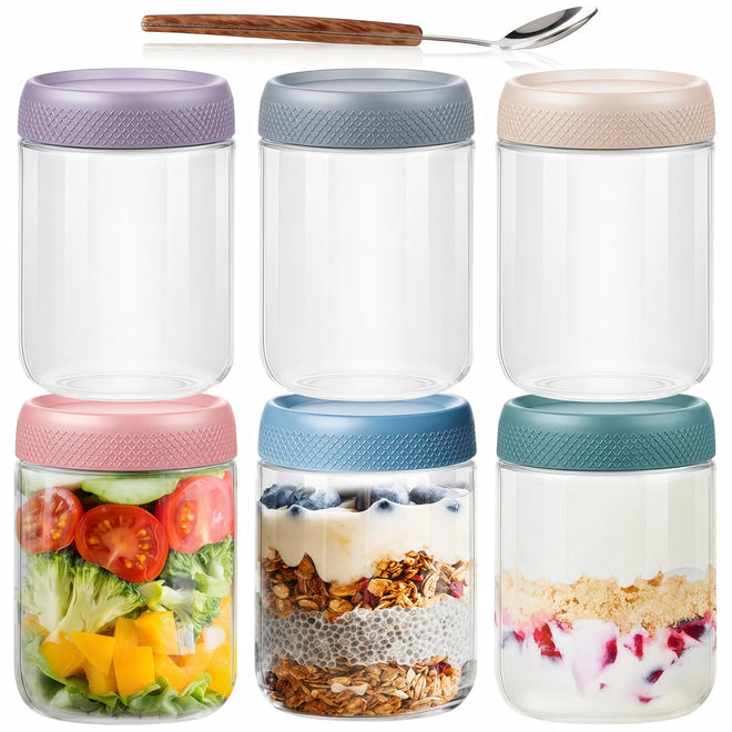 16 OZ Overnight Oats Jar,6 Pack Glass Jar with Lid and Spoon,Reusable Wide Mouth Mason jars for Overnight Oats,Yogurt Snacks Fruit, Salad Dressing, Sauce,Cereal-Leak Proof(500 ml) 🍁 All In One Marketplace Canada