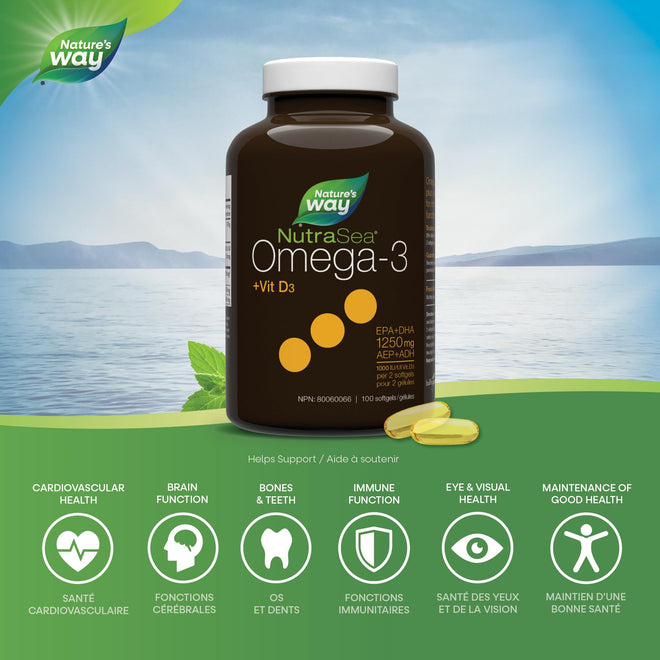 Nature's Way NutraSea Omega-3 and Vitamin D Soft Gels - Fish Oil Supplement with EPA and DHA – Helps Support the Maintenance of Good Health – Mint Flavour, 100 Softgels 🍁 All In One Marketplace Canada