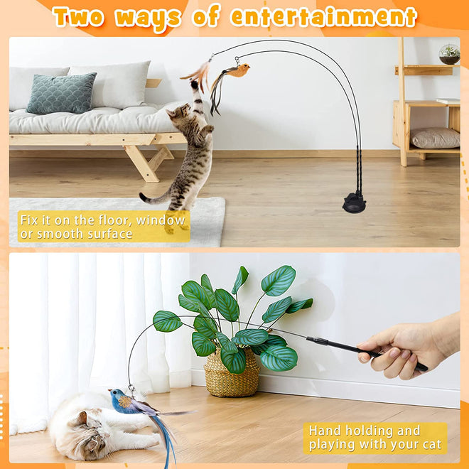 Cat Feather Toys, Cat Toys Wand, Interactive Cat Toy with Super Suction Cup, 2 PCS Cat Wand Toy and 6 PCS Feather Replacements with Bell, Interactive Cat Toy Kitten Toys for Indoor Play Chase Exercise (Natural) 🍁 All In One Marketplace Canada