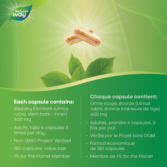 Nature’s Way Slippery Elm Bark – Traditionally Used to Soothe GI Tract Inflammation – Vegetarian, Non-GMO– 180 Capsules 🍁 All In One Marketplace Canada