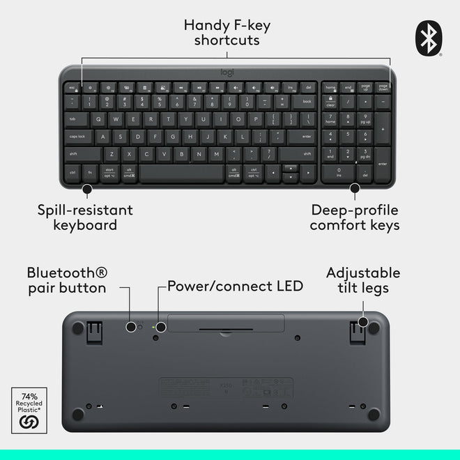Logitech K250 Bluetooth Keyboard with Numpad, Easy Connectivity, Compact Wireless Keyboard Made with Recycled Plastic, Spill-Resistant, Comfortable Keys - Windows/MacOS - Graphite 🍁 All In One Marketplace Canada