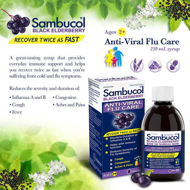 Sambucol Black Elderberry Anti-Viral Flu Care | Quickly Relieves Cold & Flu Symptoms | Immune Support & Antioxidant | Ideal for Families | Syrup, 230 mL, blue 🍁 All In One Marketplace Canada