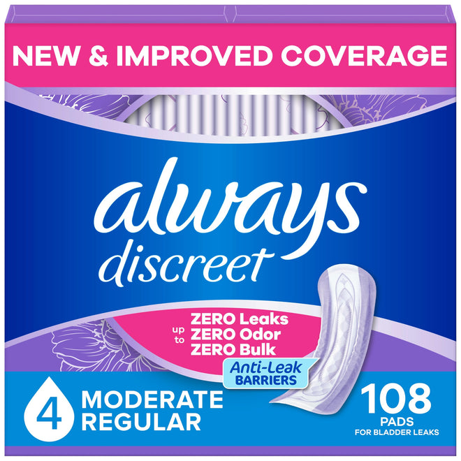 Always Discreet Adult Incontinence Pads for Women, Moderate Absorbency, Regular Length, Postpartum Pads, 108 Count 🍁 All In One Marketplace Canada